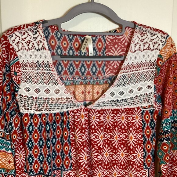 Roper Women's Top Blouse Size XS Stretchy Boho Cottage Core Country Cotton Trim - Picture 3 of 7